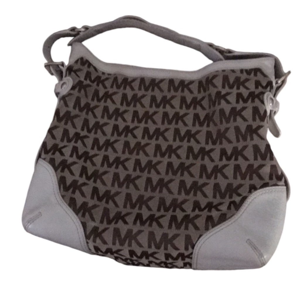 Micheal Kors white leather &  brown monogram canvas shoulder bag ,gold hardware - Picture 10 of 15